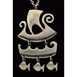 R Tennesmed Sweden Vintage Pendant Necklace Boat Fish Pewter Chunky Signed 9J